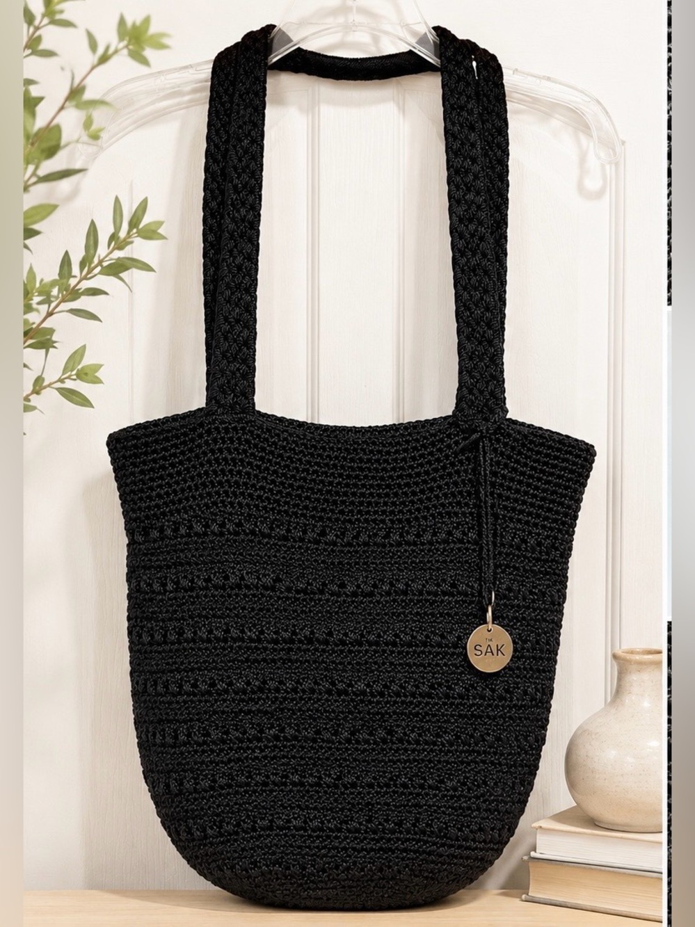 The Sak Black Crochet Knit Tote Shoulder Bag Boho Textured Purse